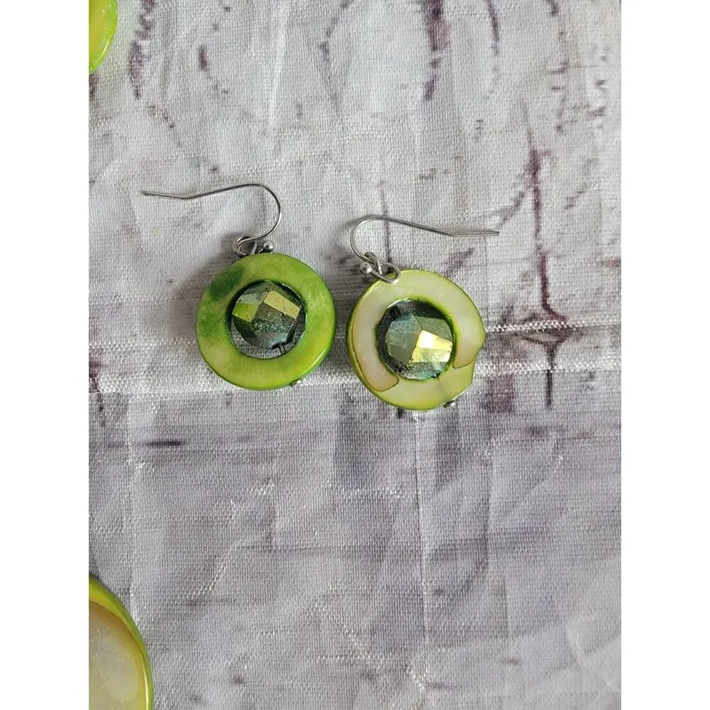 Pea Green Round Shell Necklace Chime round statement Piece Matching Earrings